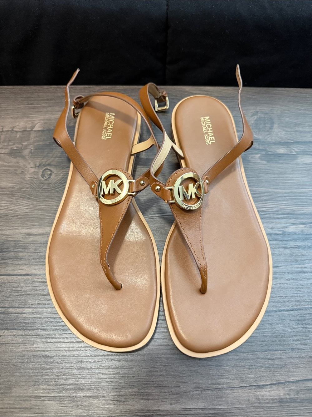 Michael Kors Tan Leather MK Logo T-Strap Sandals